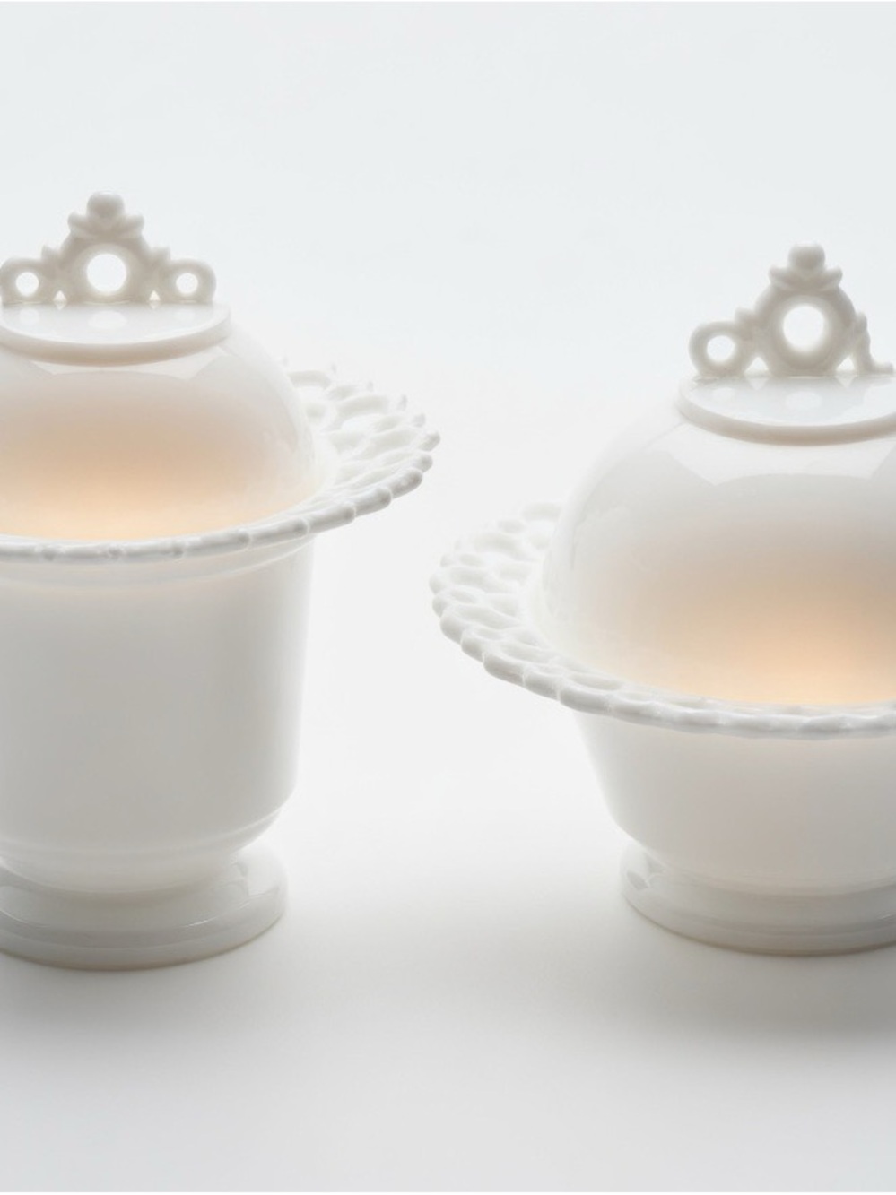 Vintage Milk Glass Lacy Lattice Pedestal Candy Dishes w/Lids - Pair of 2